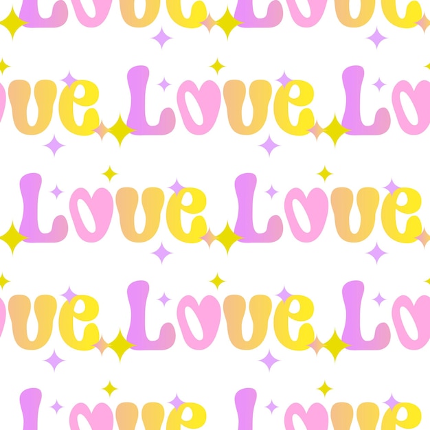 Seamless pattern with love text pink yellow color in Groovy style on white background