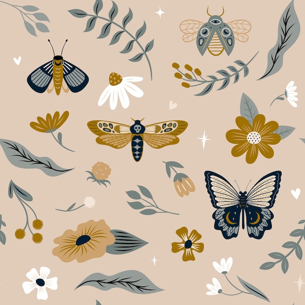 Seamless pattern with magical moth, bugs, beetles, plants and flowers