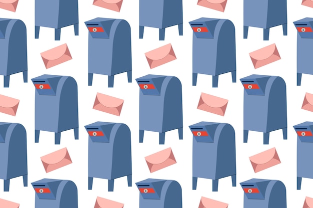 Vector seamless pattern with mailbox and letter on white isolated background red and blue mailbox pattern for fabric packaging theme of communication mail