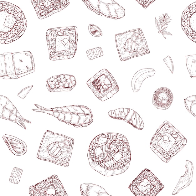 Seamless pattern with maki and nigiri sushi and rolls hand drawn with contour lines on white background. Backdrop with Japanese food for lunch or dinner. Monochrome realistic vector illustration.