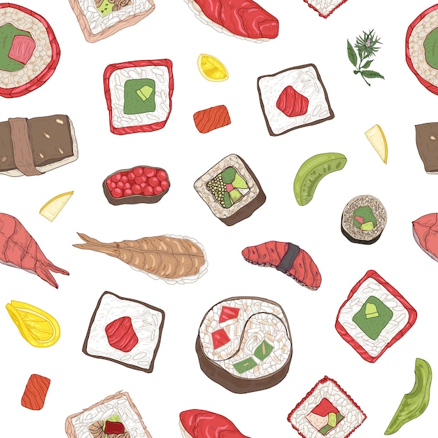 Seamless pattern with maki and nigiri sushi, sashimi, rolls and ingredients