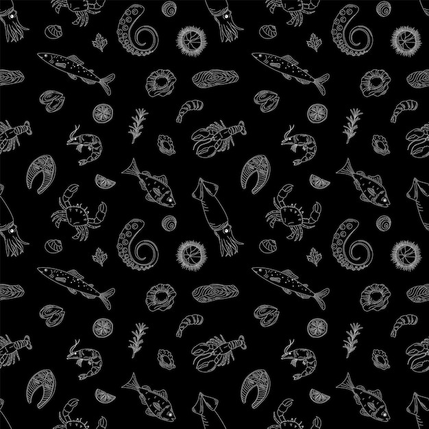 Seamless pattern with marine animals Flat hand drawn vector illustration Sea food