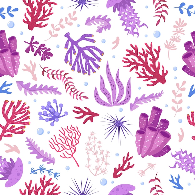 Seamless pattern with marine fauna  corals jellyfish sea anemones seaweed