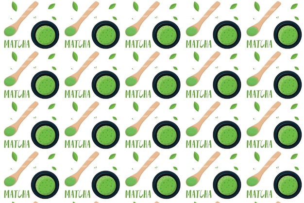 Seamless pattern with Matcha tea. Japanese drink, food, healthy nutrition, menu, beverage concept.