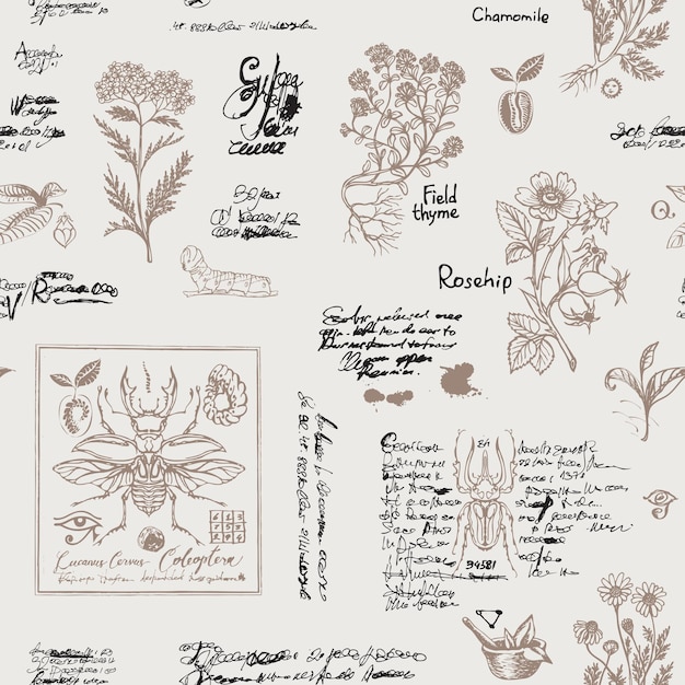 seamless pattern with medicinal herbs and insects