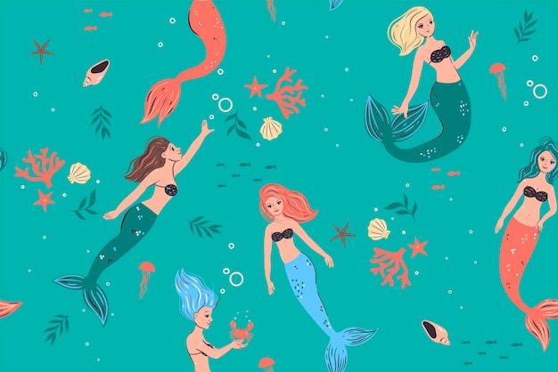 Seamless pattern with mermaids and marine life