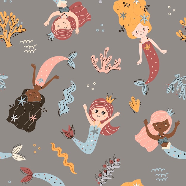 Seamless pattern with mermaids.