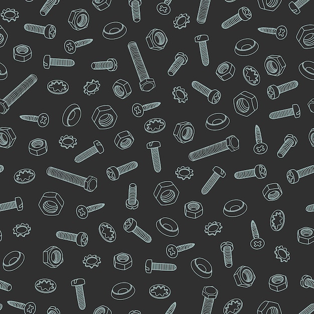 Seamless Pattern with Metal Screws steel Bolts and Nuts isolated on white background Tools