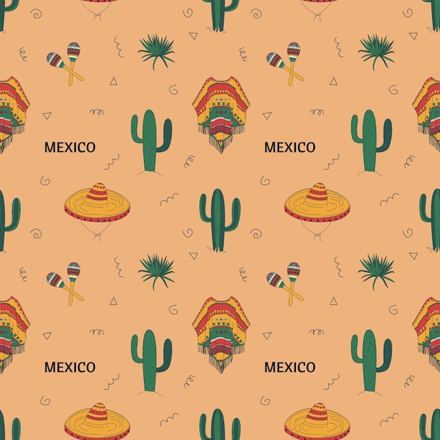 Vector seamless pattern with mexican elements cactus skull hat and more handdrawn flat vector illustration