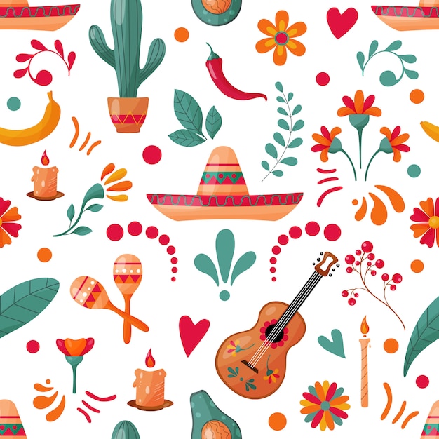 Seamless pattern with Mexican elements and floral decoration