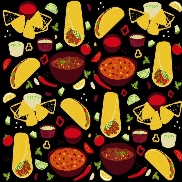 Seamless pattern with Mexican food Tacos Burrito Chili Con Carne Guacamole Salsa illustration