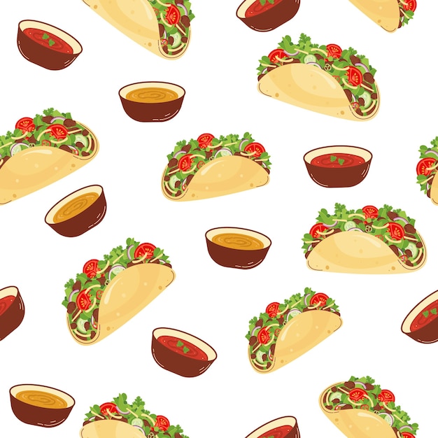 Seamless pattern with Mexican food Tacos with sauces Latin American food on white background Vector illustration