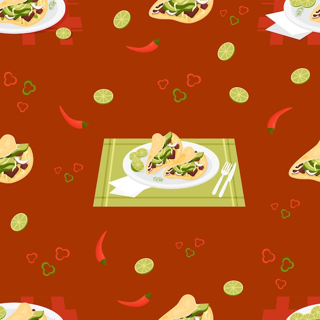 Seamless pattern with Mexican Tacos latin american food in plate on burgundy background with chili