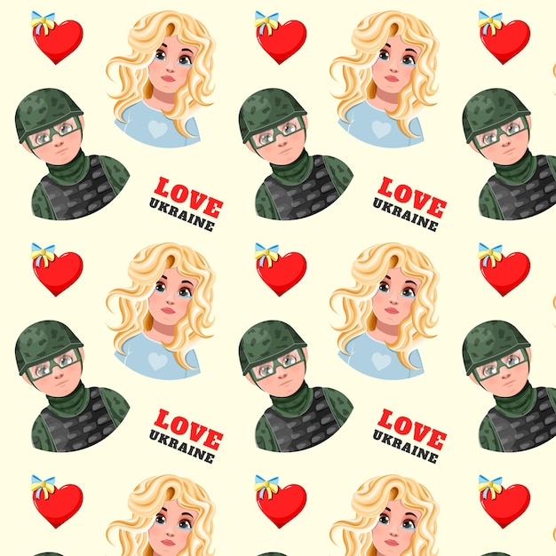 Seamless pattern with military boy and crying girl Love Ukraine