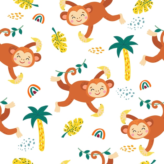 seamless pattern with monkey and plants in a childish cartoon style vector illustration for childr