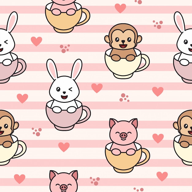 Seamless pattern with monkey, rabbit, and pig, in the glass. Cute character pattern.