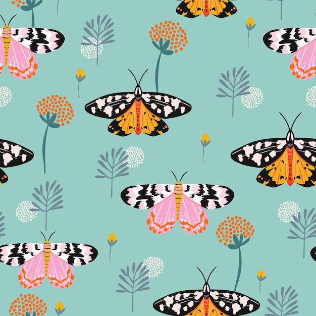 Seamless pattern with moths, flowers, and butterfly. Floral background for fabric, wrapping, textile