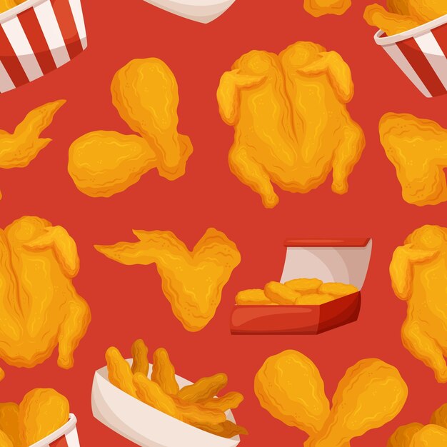 Vector seamless pattern with mouthwatering fried chicken fast food motifs arranged in a continuous design for food lovers and creating a deliciously captivating visual impact cartoon vector illustration