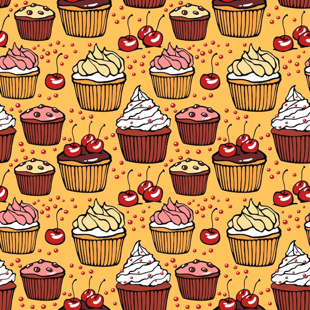 Seamless pattern with muffins and cherries