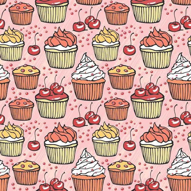 Seamless pattern with muffins and cherries