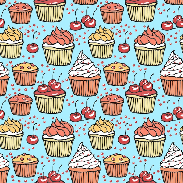 Seamless pattern with muffins and cherries