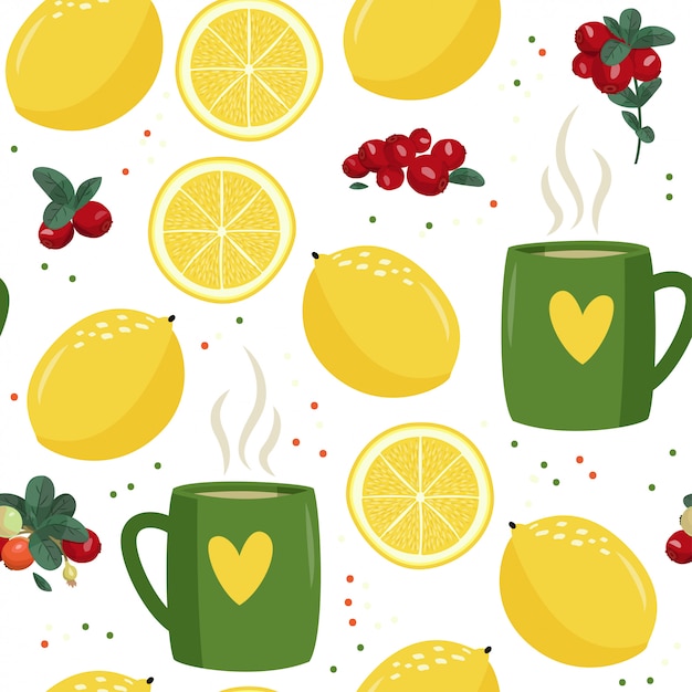 Seamless pattern with mug, lemon and cranberries.