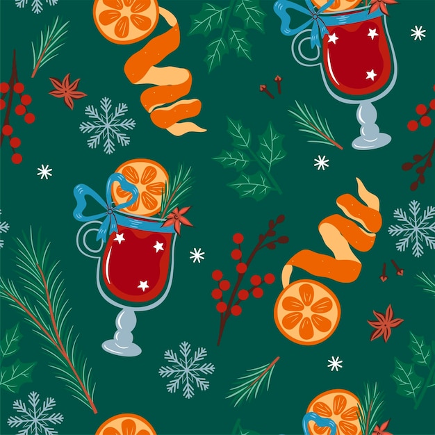 Seamless pattern with mulled wine oranges spruce branches and berries Vector graphics