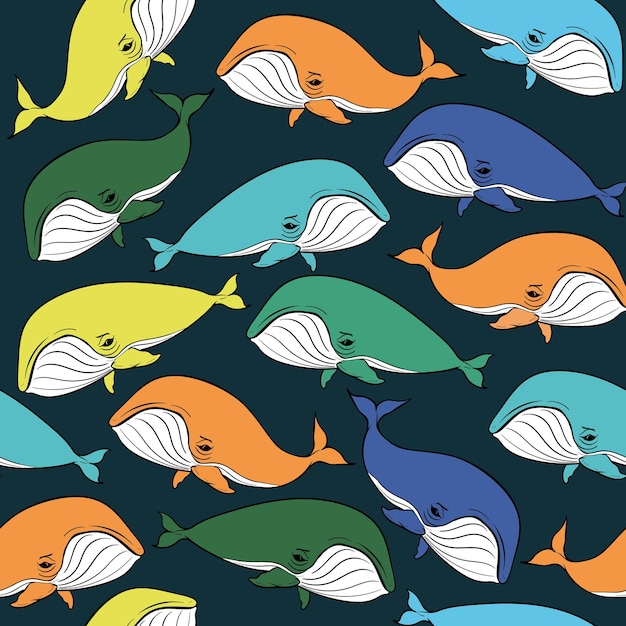 Seamless pattern with multi colored whales