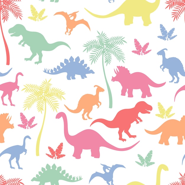 Seamless pattern with multicolored dinosaur silhouettes