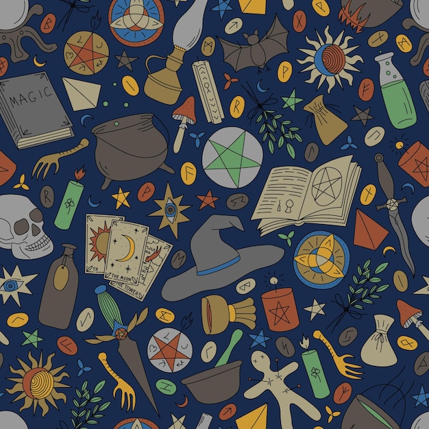 SEAMLESS PATTERN WITH MULTICOLORED OBJECTS FOR MAGIC ON A BLUE BACKGROUND IN A VECTOR