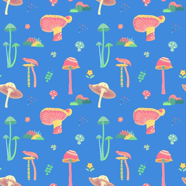 Seamless pattern with mushroom in nursery style Blue background_Perfect for home textiles