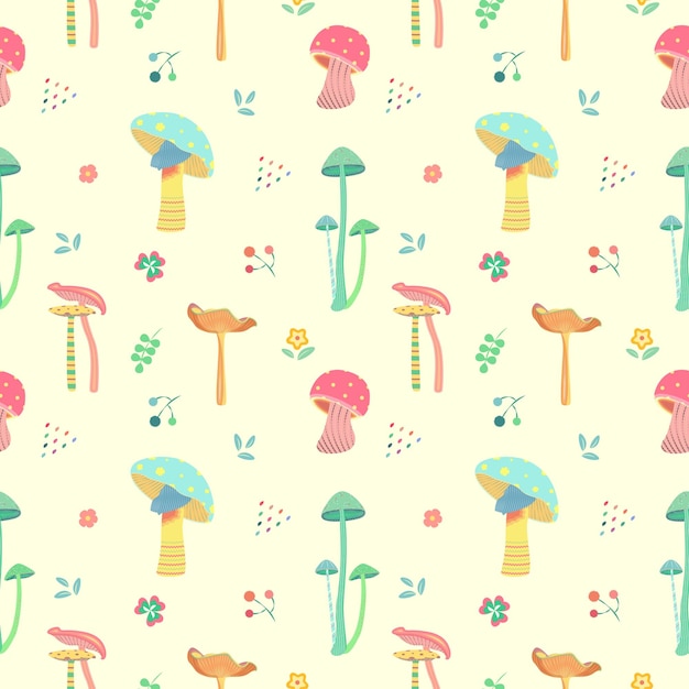 Seamless pattern with mushroom in nursery style_Yellow background_Perfect for wrapping paper design