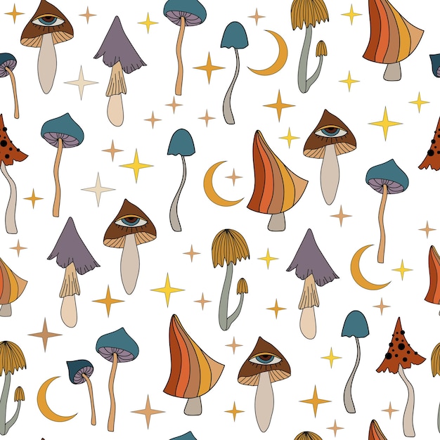 Seamless pattern with mushrooms and flowers. Retro pattern in 70s style. Vector.