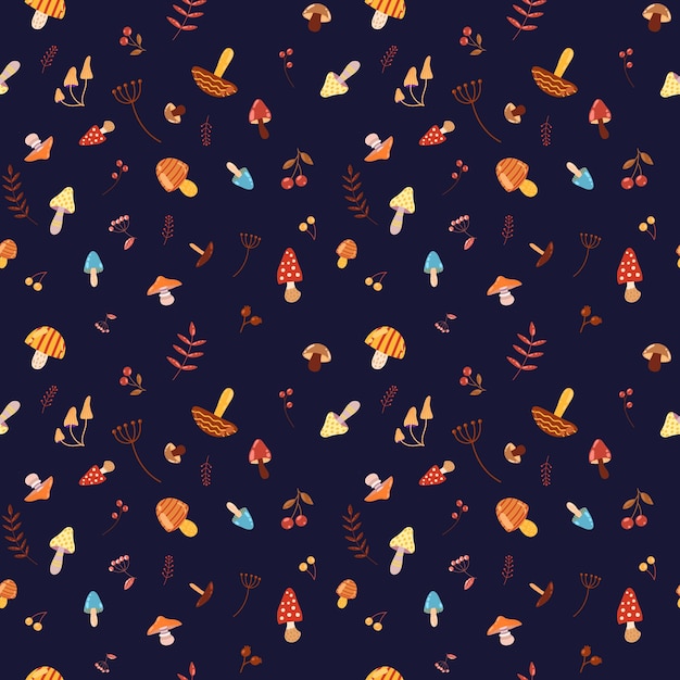 Seamless pattern with mushrooms forest leaves baranches drawn in a flat style