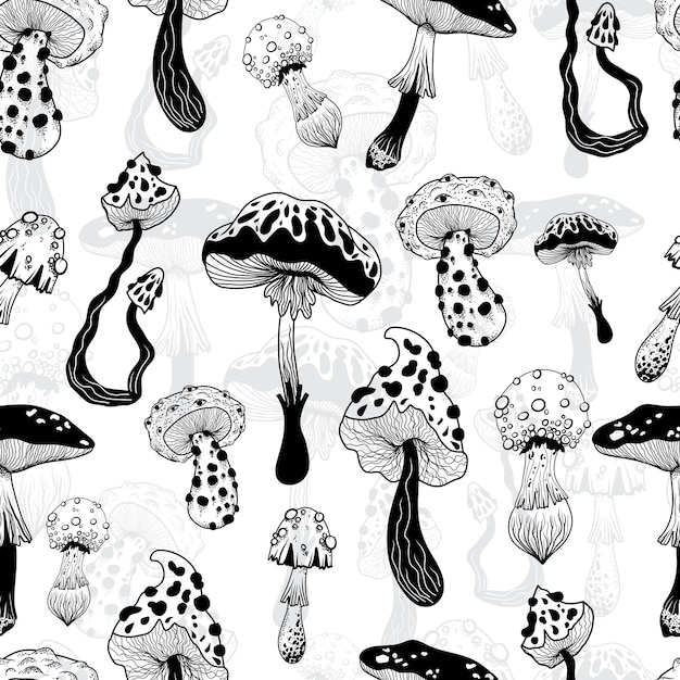 Seamless pattern with mushrooms Mystical mushrooms Pattern in boho style Vector illustration