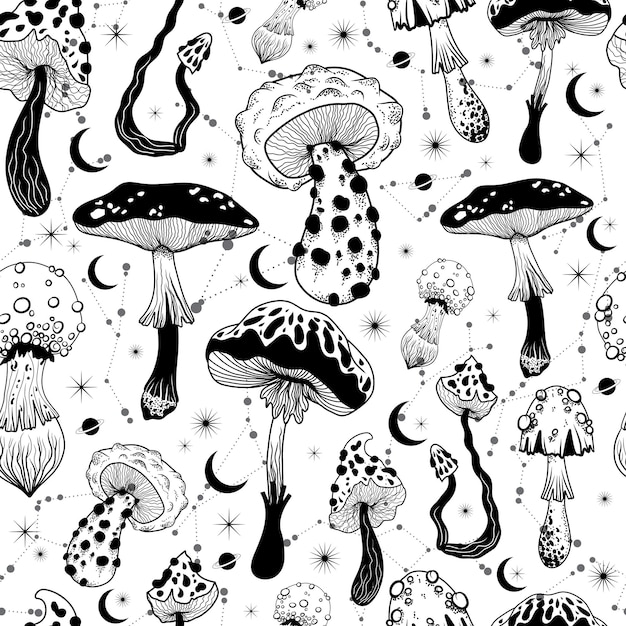 Seamless pattern with mushrooms Mystical mushrooms Pattern in boho style Vector illustration