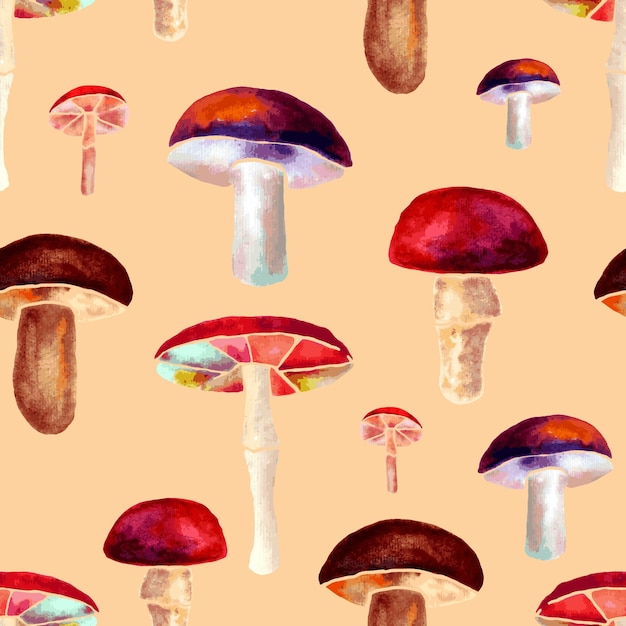 Seamless pattern with mushrooms watercolor hand painted elements on creamy background Vector