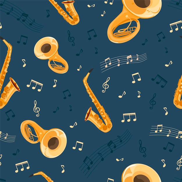 Seamless pattern with musical instruments on a dark blue background Saxophone big trumpet note music