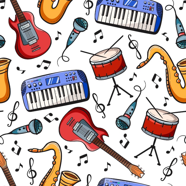 Seamless pattern with musical instruments in doodle style