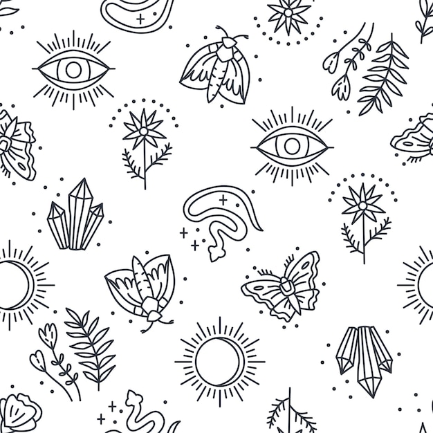 Seamless pattern with mystical boho elements in lineart style