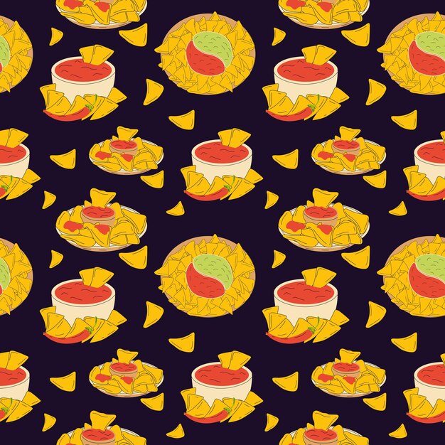 Seamless pattern with Nachos and chili pepper salsa