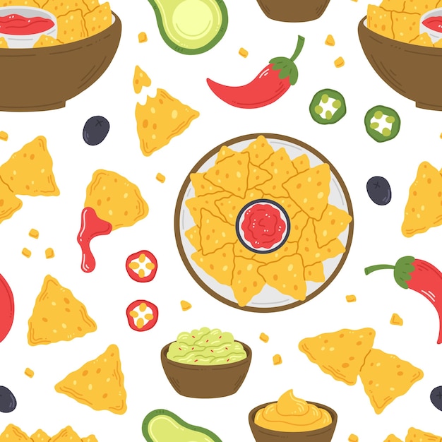 Vector seamless pattern with nachos snacks sauces and peppers in cartoon flat style on a white background