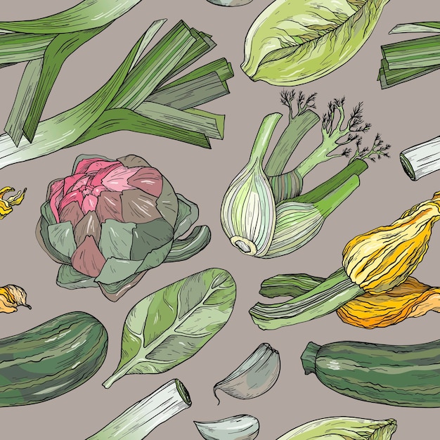 Seamless pattern with nature mediterranean vegetables Fresh organic food Vegetables vintage Handdrawn sketch