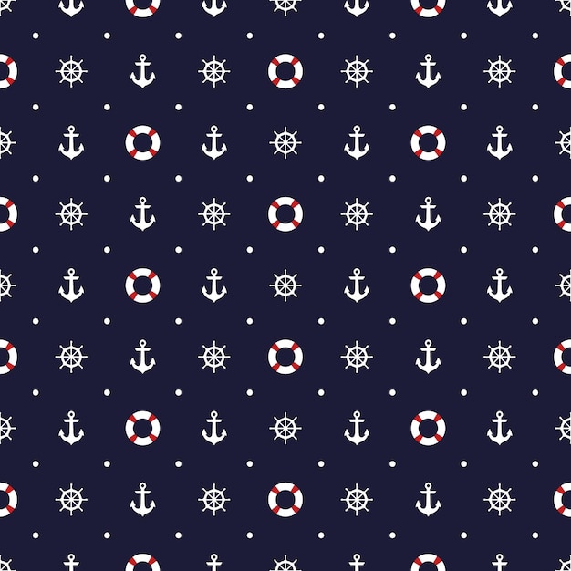 Seamless pattern with nautical elements anchors lifebuoys and wheels