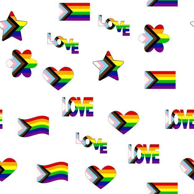 Vector seamless pattern with new lgbt flag hearts text flower and flag gay pride pride month love lgbtq