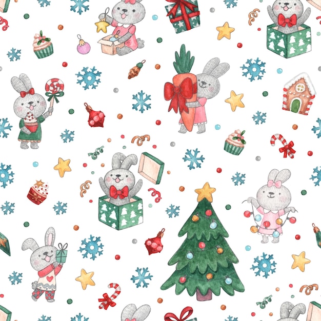 Seamless pattern with new year bunnies christmas tree and decorations