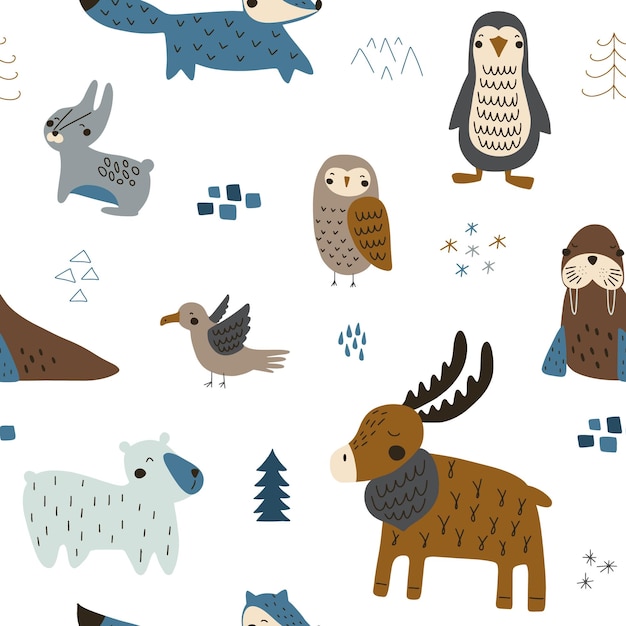 Seamless pattern with Nordic animals and arctic cold climate elements Vector illustration isolated