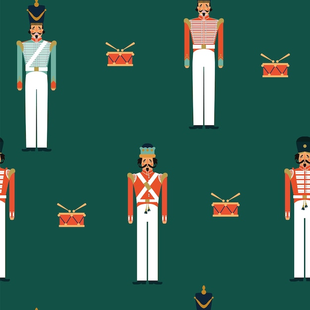 Seamless pattern with nutcrackers and drums on green background