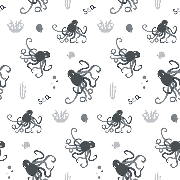 Seamless pattern with octopus or squid algae and shells on a white Background wrapping paper