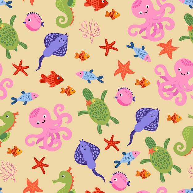 Seamless pattern with octopuses stingray turtles seahorse fishes Handdrawn style